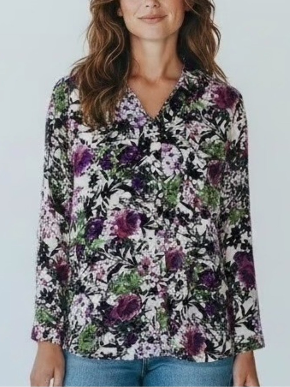 J. Jill Floral Button Down  Long Sleeve Blouse Purple Green Cream XLP